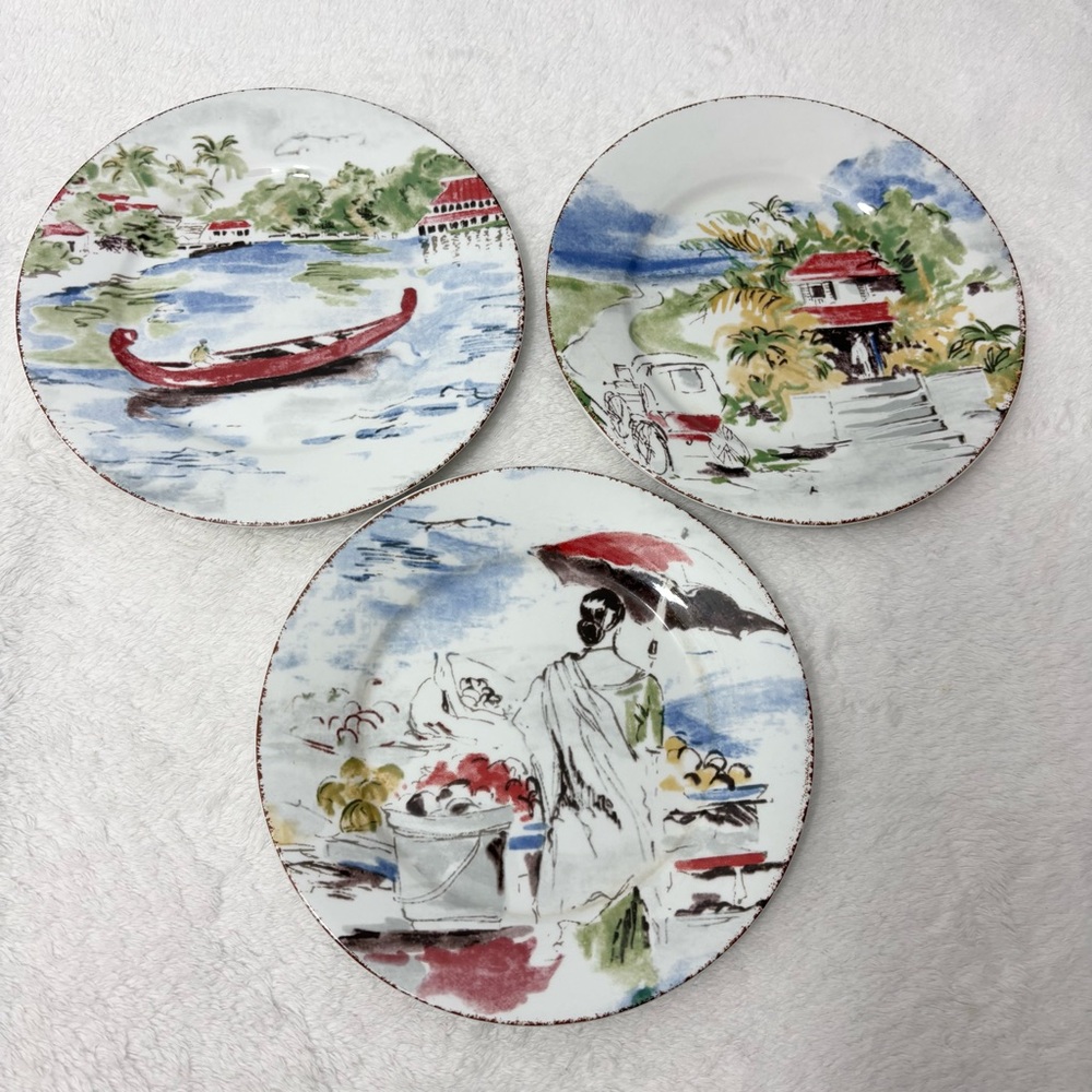 PIER 1 IMPORTS 'DESTINATION' SALAD PLATES SET OF 3 - TROPICAL DESTINATIONS‎